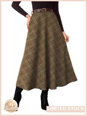 Plaid A-Line Midi Skirt High Waist Flared Pockets